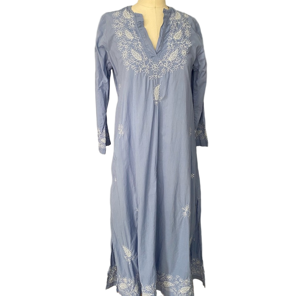 Soft Surroundings Light Blue Embroidered V-Neck Maxi Dress